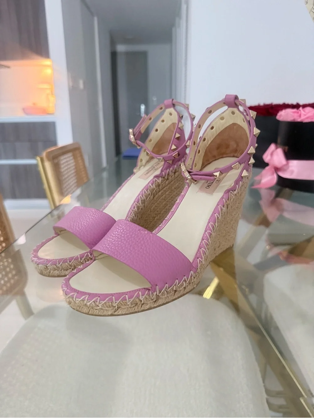 Valentino Garavani Women’s Pink Espadrille Wedge Sandals with Ankle Strap